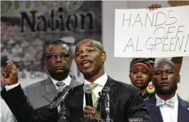  ?? Yi-Chin Lee / Houston Chronicle ?? Community activist Deric Muhammad said “the clock is ticking backwards in America” at Thursday’s news conference addressing death threats against U.S. Rep. Al Green at SHAPE Community Center.