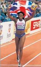  ??  ?? FLYING THE FLAG: Asha Philip sets off on her lap of honour after securing 60m gold.