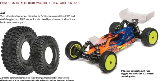  ??  ?? 2.2” is the common size for rock-racer trail rigs. But instead of a low-profile sidewall, rock-racing tires have much taller sidewalls, and are designed to fit on a narrower wheel. Here’s a 2.2” Pro-line Hyrax compared to the 1.9” version. 1/10 scale competitio­n off-road buggies and trucks use 2.2” wheels per racing rules.