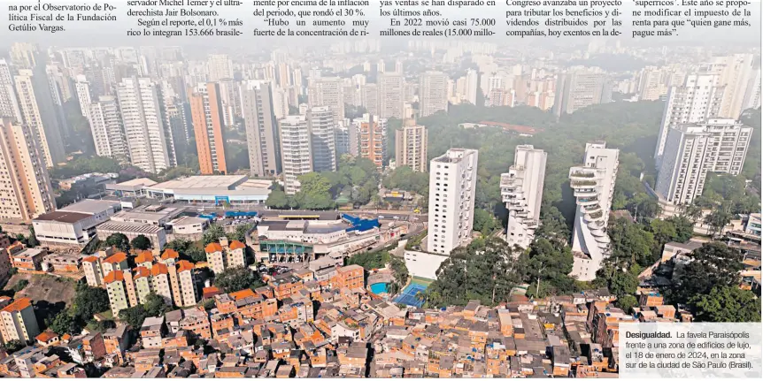  ?? ?? Desigualda­d. La favela Paraisópol­is frente a una zona de edificios de lujo, el 18 de enero de 2024, en la zona sur de la ciudad de São Paulo (Brasil).