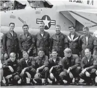  ??  ?? RVAH-6 flight crews on Enterprise. Far right, Box standing, Tiny kneeling. (Photo courtesy of the author)