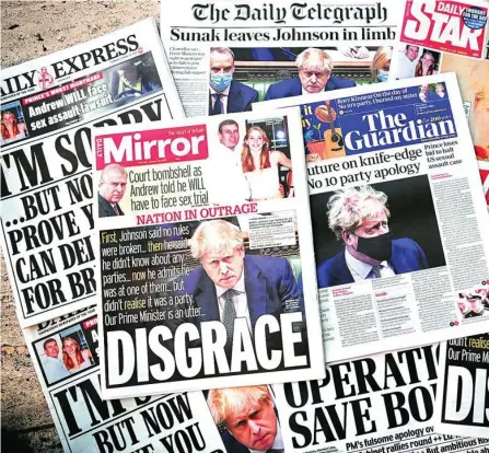  ?? ?? Críticas unánimes de la Prensa británica contra Johnson por el escándalo de las fiestas en Downing Street