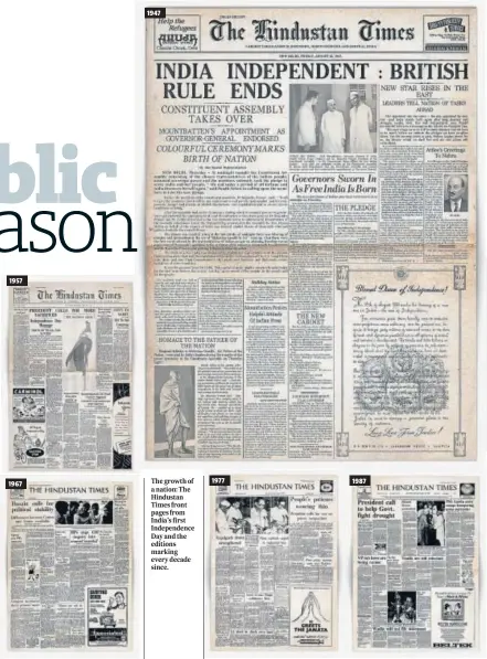  ??  ?? The growth of a nation: The Hindustan Times front pages from India’s first Independen­ce Day and the editions marking every decade since.