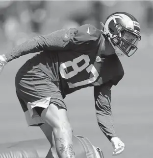  ?? MARK J. TERRILL/AP ?? Los Angeles Rams wide receiver Jacob Harris runs a drill during practice June 4 in Thousand Oaks, California.