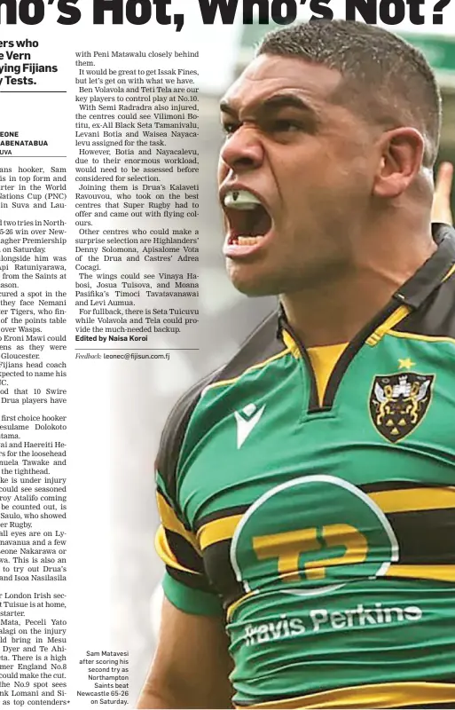  ?? Feedback: ?? Sam Matavesi after scoring his second try as Northampto­n Saints beat Newcastle 65-26 on Saturday.