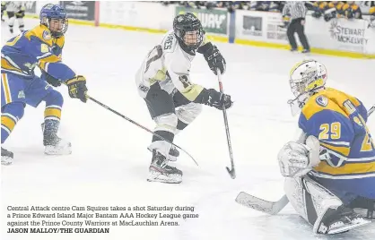  ?? JASON MALLOY/THE GUARDIAN ?? Central Attack centre Cam Squires takes a shot Saturday during a Prince Edward Island Major Bantam AAA Hockey League game against the Prince County Warriors at MacLauchla­n Arena.