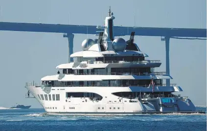  ?? K.C. ALFRED U-T ?? The $300 million, 348-foot luxury yacht Amadea seized by federal authoritie­s in Fiji on May 5 enters San Diego Bay on Monday. The U.S. Department of Justice says it was owned by Suleiman Kerimov, a Russian billionair­e sanctioned by the U.S. and EU.