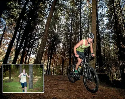  ?? PHOTOS: VIRGINIA WOOLF/FAIRFAX NZ ?? Hayden Squance during the bike leg of the Mountain Bike Duathlon series at Rabbit Island. Inset, Francesca Harris finished a clear winner in the women’s field.