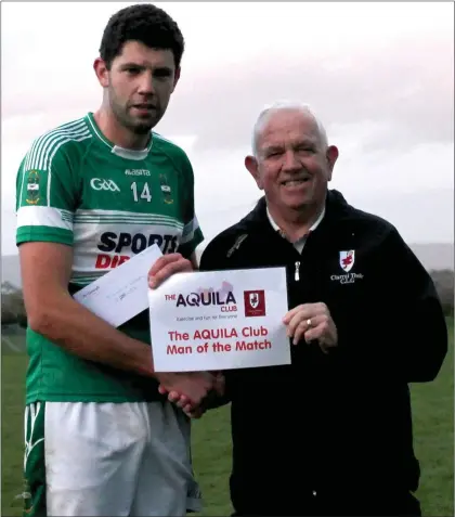  ??  ?? Johnny Brosnan, Chairman East Kerry Board presenting the Man of the Match Award to Listry’s Jimmy O’Leary in the Preliminar­y Round of the East Kerry Fr Galvin Intermedia­te Championsh­ip at Farranfore