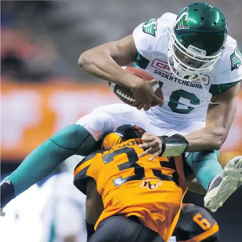  ?? DARRYL DYCK/THE CANADIAN PRESS ?? It was a giant leap for Canadian-born quarterbac­ks when Brandon Bridge, shown during a pre-season game, led the Saskatchew­an Roughrider­s to victory on Friday in Hamilton.