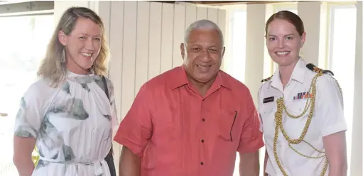  ?? Photo: New Zealand High Commission ?? From left: New Zealand High Commission acting head of mission, Michelle Podmore, Prime Minister Voreqe Bainimaram­a with New Zealand Defence Adviser to Fiji, Commander Sarah Bamfield at the Official Residence on March 27, 2021.