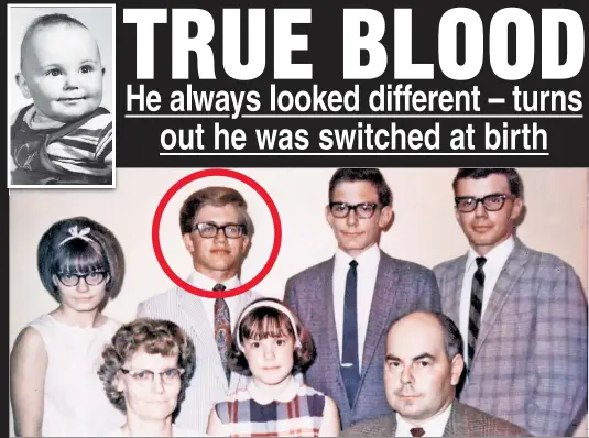  ?? ?? ODD ONE OUT: Fair-haired and short, Andy Perkins (in red circle) never fit in with his tall, dark siblings and his parents, Shirley (bottom row, left) and Jim (bottom row, right). Then, he discovered that he had been switched at birth with baby Philip Robinson (top inset).