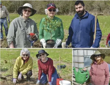  ?? Bill Atwood ?? Sharon Woodley Green, Sharon Bloom and Hussein Jdid (top) planting trees with the All Our Relations Group in Bloomingda­le May 6. Above left, Rony Linkletter and Teresa Dwyer. Above right, Marjorie Paleshi.