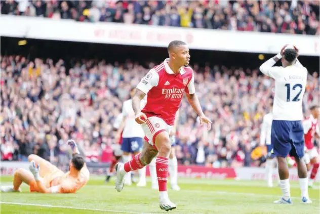  ?? Associated Press ?? Arsenal’s Gabriel Jesus celebrates after scoring a goal against Tottenham Hotspur during their EPL match on Saturday.