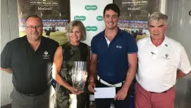  ??  ?? (L-R) Paul Hughes, Captain Galgorm Castle Golf Club, Valerie Penney, Specsavers Ballymena, Colin Fairweathe­r, NI Amateur Open champion 2017 and John Carruthers, Honorary Secretary Galgorm Castle Golf Club