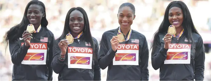  ??  ?? Les membres du relais 4 x 100 mètres des États-Unis, gagnant de la médaille d’or à Londres: Teri Bowie, Aalyah Brown, Allyson Felix et Morolake Akinsosun. Associated Press: Martin Meissner