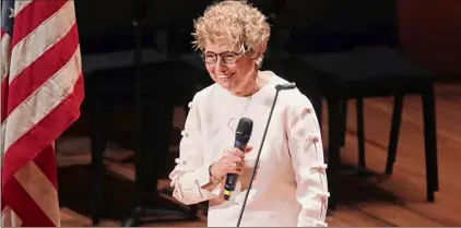  ?? Hiroyuki Ito / The New York Times ?? Deborah Borda, CEO of New York Philharmon­ic, at the opening night concert of the 2021-22 season. Borda presided over the unpreceden­ted dual challenges of the pandemic and the reconstruc­tion of David Geffen Hall.