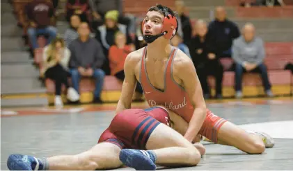  ?? SPECIAL TO THE MORNING CALL JANE THERESE PHOTOS/ ?? Sophomore Jakob Peterson got a key pin at 133 pounds to help Parkland pull away from Liberty in Wednesday’s EPC dual meet.