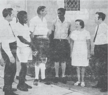  ??  ?? New Guinea teachers Pandapa Unda and Amtu Kizama, photograph­ed with Rotarians Vin Rowe (left) Bill Brooks and Ross Lilley, and Warragul’s new Methodist Minister Norman Marshall and Mrs. Marshall. Far from holidaying while in the Warragul area, the two visitors have spent their time profitably inspecting as many places of interest as possible. Last Friday they left to spend two weeks in the metropolit­an area.