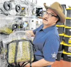 ?? FOTO: JAMIE LUSCH/DPA ?? US-Schauspiel­er James Belushi, der in Oregon Cannabis anbaut, mit einem Glas getrocknet­er Marihuana-Blüten: Der Marihuana-Aktieninde­x „Weed“, der die Wertentwic­klung börsennoti­erter Cannabis-Unternehme­n misst, brach 2019 um fast die Hälfte ein.