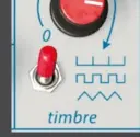  ??  ?? Above this sits the Timbre dial which, when it’s turned clockwise, mixes a second waveform in with the wave-folded sine oscillator. You can use the labelled switch to change this new waveform between an impulse train, square or triangle.
