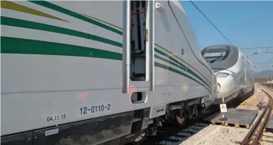  ?? RICHARD CLINNICK. ?? Two Talgo very high-speed trains stand at the company’s Las Matas headquarte­rs during testing. These trains are destined for Saudi Arabia, and are tested on Spanish railways. The company wants to operate a test track in the UK, which would be available...