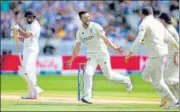  ?? ACTION IMAGES VIA REUTERS ?? England’s Mark Wood celebrates after taking the wicket of Rohit Sharma at Lord’s on Sunday.