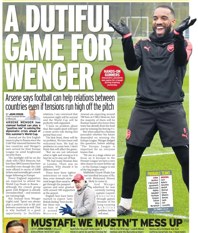  ??  ?? HANDS-ON GUNNERS Alexandre Lacazette was game for a laugh during training yesterday