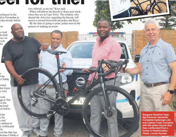  ?? Photo: Louise Karsten ?? Athlete Ibrahim Cbibili, who lives in Belgium, told Mossel Bay Advertiser he was extremely grateful the bicycle was found.
Sergeant Deuthine Vaas, Sgt Donovan Geswindt, Constable Ayebonga Lolo and Captain Carel Cornelius with the stolen bicycle that they confiscate­d from a house in KwaNonqaba.