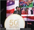  ?? ?? Ambassador of Qatar to the US HE Sheikh Mishaal bin Hamad Al Thani gives a speech on the occasion to celebrate the 50th anniversar­y of the establishm­ent of diplomatic relations between the two countries.