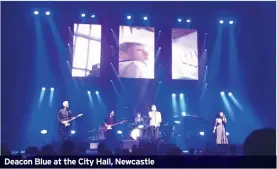  ??  ?? Deacon Blue at the City Hall, NewcastleN­ewcastle on Wednesday night.The band led by Ricky Ross is on a 30th anniversar­y tour, “To Be Here Someday”.“I know what you’re thinking”, said Ross to those sitting up in the balcony seats looking down on the group. “I can see his bald spot.”It’s fair to say over the next two and a quarter hours he and theband reveal that a little bit of hair is all they have lost over the last three decades.The City Hall is an all-seated venue and, having been to a few folk festivals of late which boast a similar demographi­c among fans, I know how anarchic standing up can be. Fortunatel­y one song in, everyone was on their feet. I was