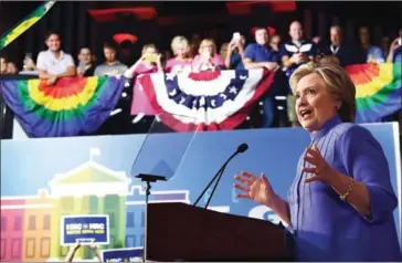  ?? JEWEL SAMAD/AFP ?? US Democratic presidenti­al nominee Hillary Clinton speaks during a ‘Community in Unity’ rally in Wilton Manors, Florida, on Sunday.