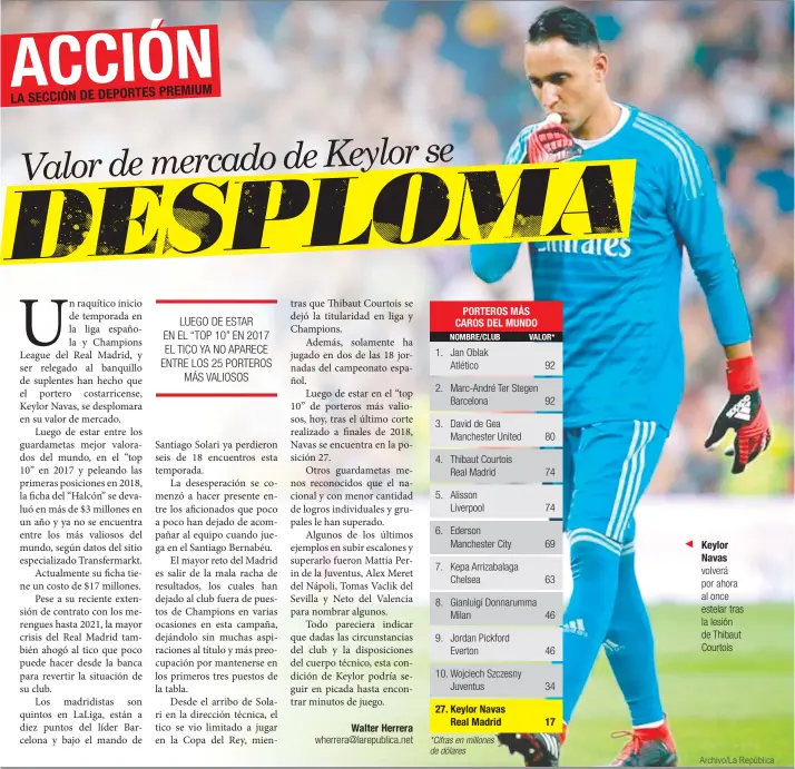  ?? Keylor Navas
Archivo/La República ?? volverá por ahora al once estelar tras la lesión de Thibaut Courtois