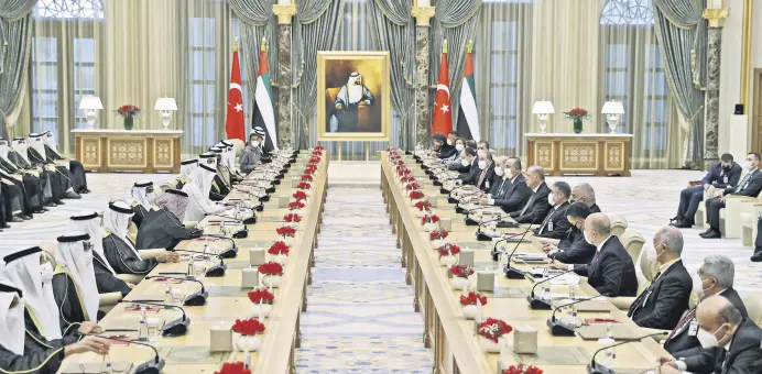  ?? ?? Turkish and Emirati high-level official delegation­s meet in Abu Dhabi, United Arab Emirates (UAE), Feb. 14, 2022.