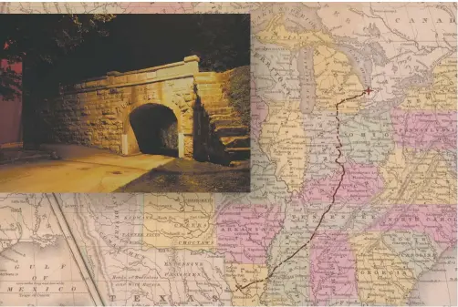  ??  ?? The 1,400-mile path the Undergroun­d Railroad took from Louisiana to Ontario, Canada; inset, Follow the Tracks to the First Creek, just outside Richland, a free black community, Stone Arch Railroad Bridge, Vernon, Indiana, 2013