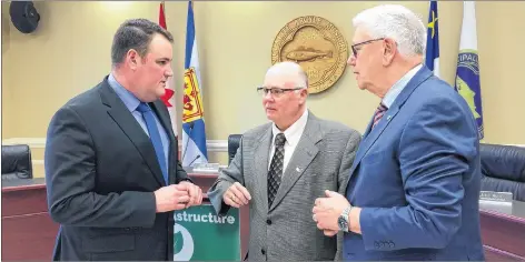  ?? ERIC BOURQUE ?? West Nova MP Colin Fraser, Argyle Warden Richard Donaldson and Bill Karsten, Halifax Reginal Municipali­ty councillor and first vice-president of the Federation of Canadian Municipali­ties at the Argyle municipal office in Tusket on Thursday, Nov. 15.