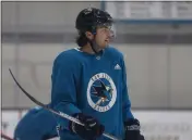  ?? NHAT V. MEYER — BAY AREA NEWS GROUP, FILE ?? The Sharks’ Ryan Merkley (6) waits for a face-off during the 2022 Sharks Developmen­t Camp at Solar4Amer­ica Ice Rink in San Jose on July 14.