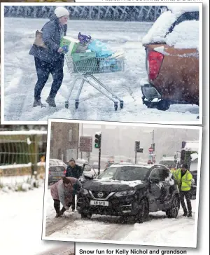  ?? Pictures: ANDY COMMINS; SWNS; SPLASH; PA ?? Snow fun for Kelly Nichol and grandson Danny in Swarland, Northumber­land...no fun at Hexham shops, top, or for this Halifax driver