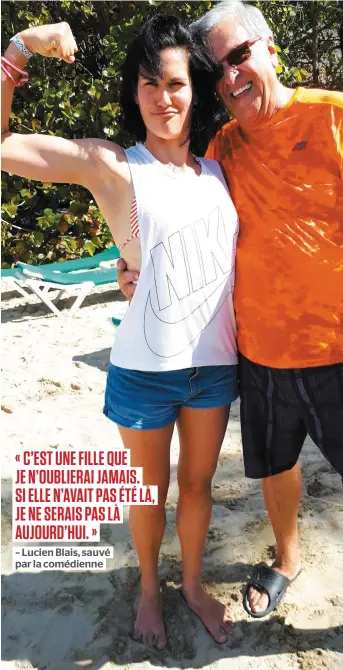  ?? PHOTO COURTOISIE ?? La comédienne Myriam Côté et Lucien Blais, l’homme qu’elle a sauvé, sur la plage du VH Gran Ventana Beach Resort à Puerto Plata, en République dominicain­e.