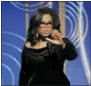  ?? THE ASSOCIATED PRESS ?? This image released by NBC shows Oprah Winfrey accepting the Cecil B. DeMille Award at the 75th Annual Golden Globe Awards in Beverly Hills on Sunday.