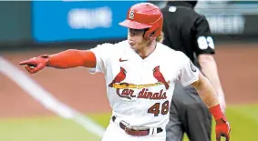  ?? JEFF ROBERSON/AP ?? Harrison Bader celebrates after hitting a home run in the Cardinals’ victory Sunday.