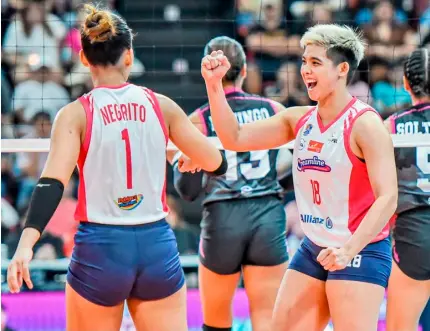  ?? PHOTOGRAPH COURTESY OF PVL ?? CREAMLINE’S Tots Carlos is grateful for her teammates’ help after posting a career-high 31 points against Akari on Thursday in the PVL All-Filipino Conference.