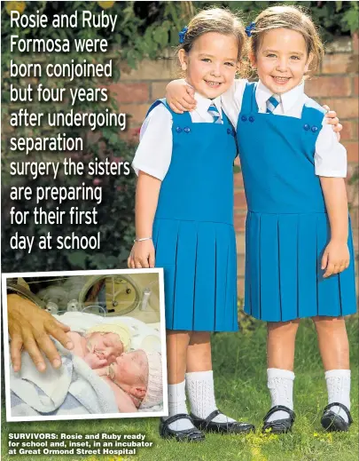  ?? Picture: PA ?? SURVIVORS: Rosie and Ruby ready for school and, inset, in an incubator at Great Ormond Street Hospital