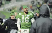  ?? MARK TAYLOR THE CANADIAN PRESS ?? Saskatchew­an Roughrider­s quarterbac­k Brandon Bridge is helped off the field after a big hit against the Winnipeg Blue Bombers on Sunday.