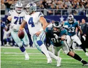  ?? [AP PHOTO] ?? Dallas quarterbac­k Dak Prescott (4) hopes to right the Cowboys’ listing ship on Thanksgivi­ng Day against the Los Angeles Chargers.