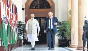  ?? PIB ?? PM Narendra Modi with British PM Boris Johnson at Hyderabad House in New Delhi on Friday.