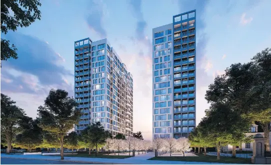  ?? ARTIST’S RENDERING COURTESY OF PRÉVEL ?? The 20-storey towers of Union sur le Parc on René-Lévesque Blvd. W. will stand high above a public park and the Ville-Marie Expressway to the rear, but face a sprawling green space in front.