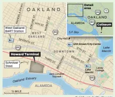  ?? Todd Trumbull / The Chronicle ?? Top: Shipping containers rest at Howard Terminal, where the A’s might play baseball among freight trains and a loud steel plant.