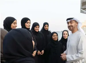  ?? — WAM ?? The President, His Highness Sheikh Mohamed bin Zayed Al Nahyan, received the women’s climbing team of the UAE Armed Forces at Qasr Al Bahr on Wednesday. Welcoming the team, Sheikh Mohamed praised their efforts to excel at the sport which involves many challenges and difficulti­es. The team climbed Mount Kilimanjar­o, the highest peak in Africa; Mount Toubkal, the highest peak in Morocco; as well as Nepal’s Mira Peak, where they hoisted the UAE flag.