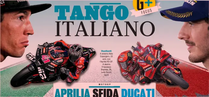  ?? ?? Duellanti A sinistra Aleix Espargaro, 33 anni, con l’Aprilia RS-GP. A destra Francesco Bagnaia, 26, sulla Ducati Gp23